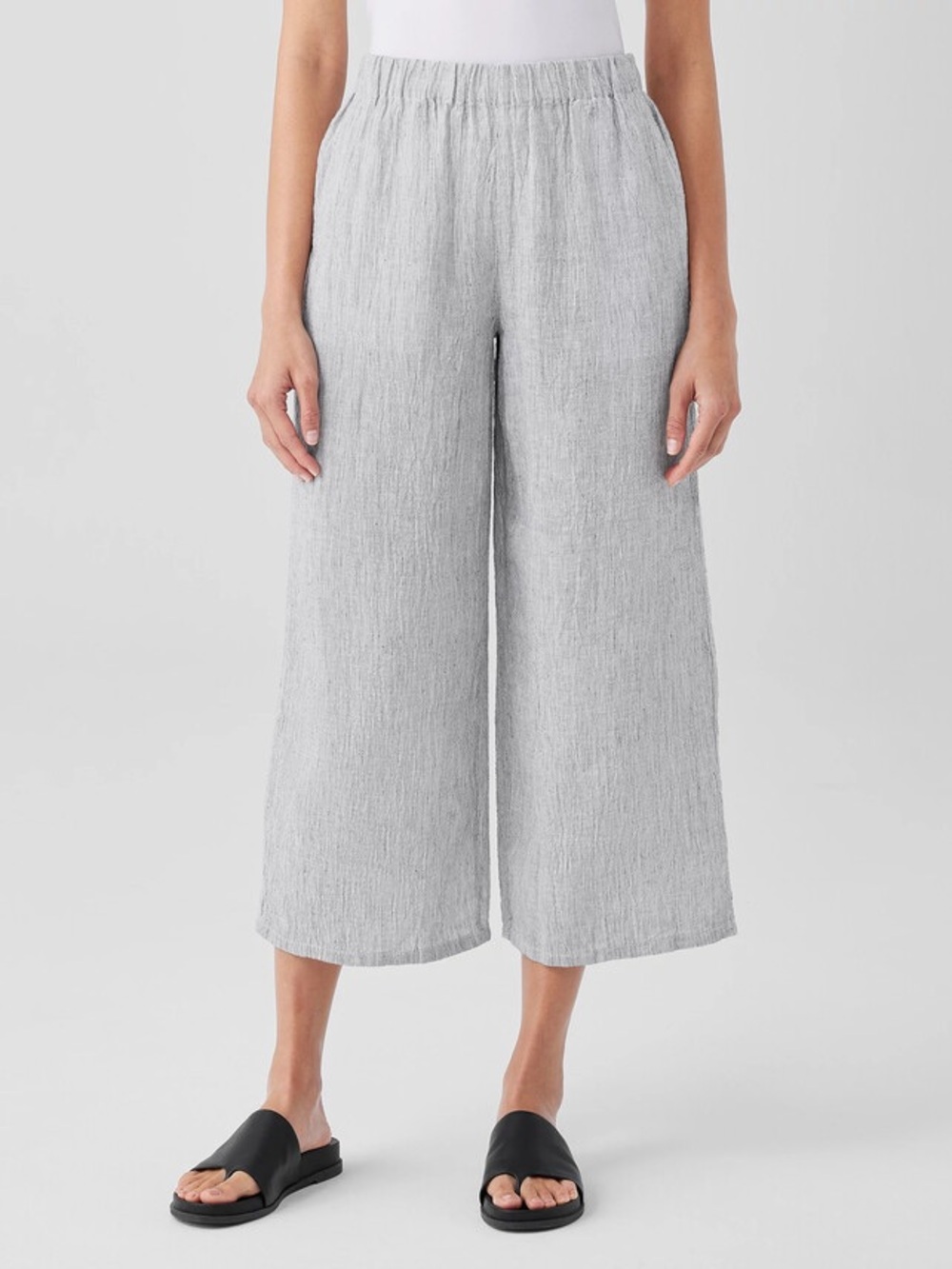 Eileen Fisher Striped Organic Linen Crinkle Wide-Leg Pant White and Black Capris